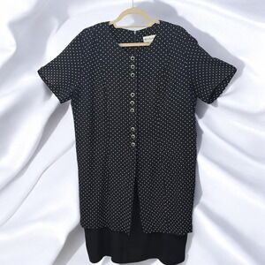 Vintage Betsy's Things Polka Dot Dress Button Front‎ Layered Black Woman Large?
